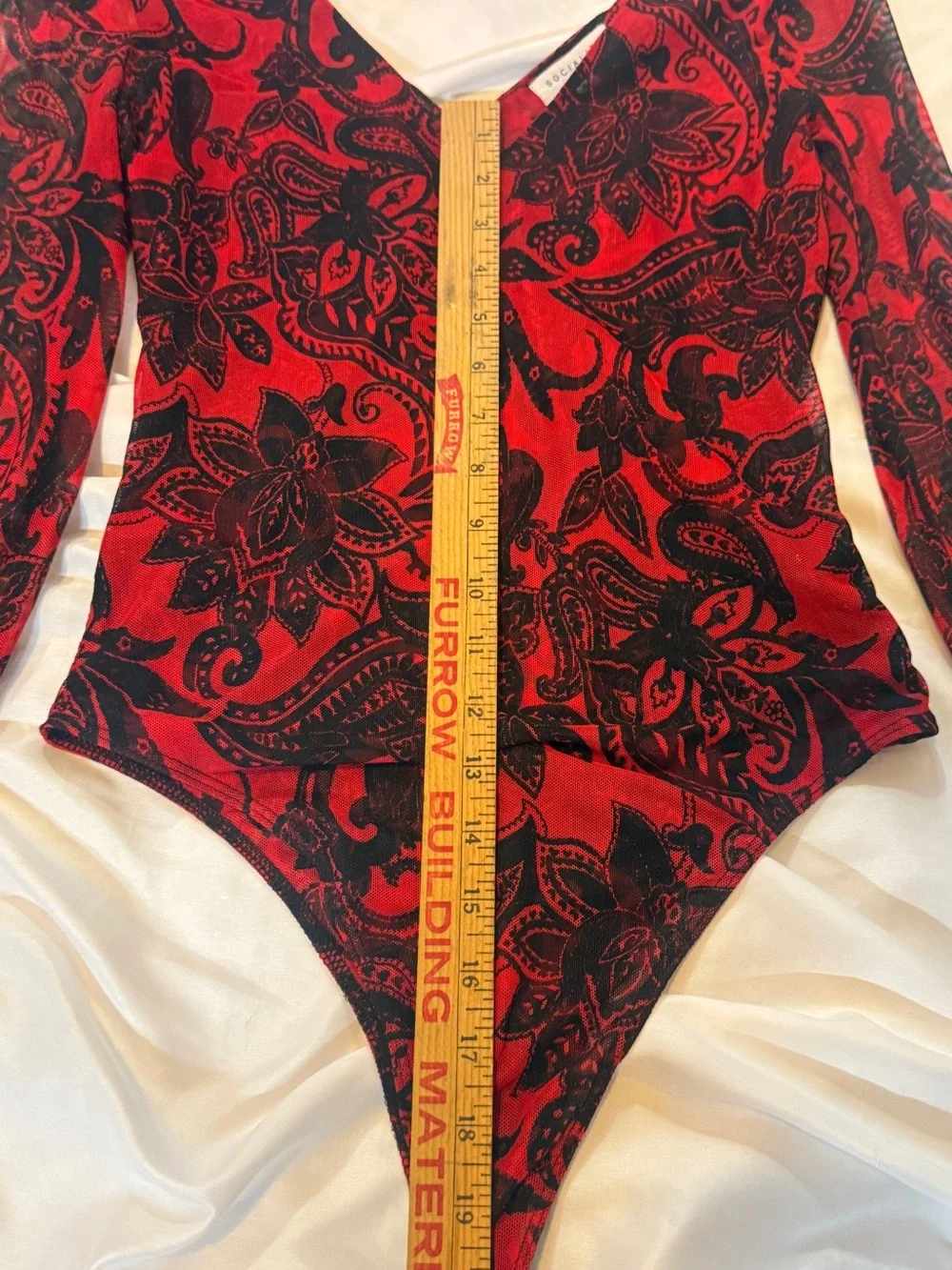 Socialite Red & Black Paisley V-Neck Long Sleeve Bodysuit - Picture 6 of 6